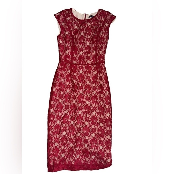 French Connection Red Sheer Lace Knee length Dress with Nude Lining Size 0 - Picture 1 of 5